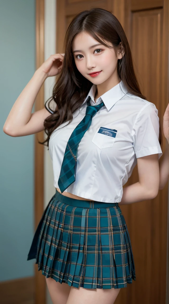 highest quality、8k、best image quality、Award-winning work), two beautiful women、1 lady, radiant beautiful skin , masterpiece、top-quality、The ultra -The high-definition、depth of fields、lens flare ,、brown hair, large breasts, watching at viewers glares, large breasts ,perfect legs, model pose, view from below, smiling , cleavage, show breasts, show nipples
(School uniform, , teal micro mini Pleated tartan skirt:1.3)