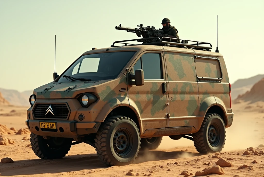 Cyberpunk Citroën 1990s Armored Van、Shallow depth of field、(masterpiece:1.3) (最high quality:1.2) (high quality:1.1)、Cinematic Light, ((Cinema Lighting),(Natural light),(High level of artistry),(artistic),(Indistinguishable quality from the real thing),RAW Photos,Genuine,Genuine,High resolution,RAW Photos,masterpiece, beautiful,a hatch on the roof and a machine gun mounted on the roof.Heavily armed, Taliban, Armed guerrillas, Heavy Armor, Military Vehicles, Military weapons, Military equipment, truck, Camouflage,desert