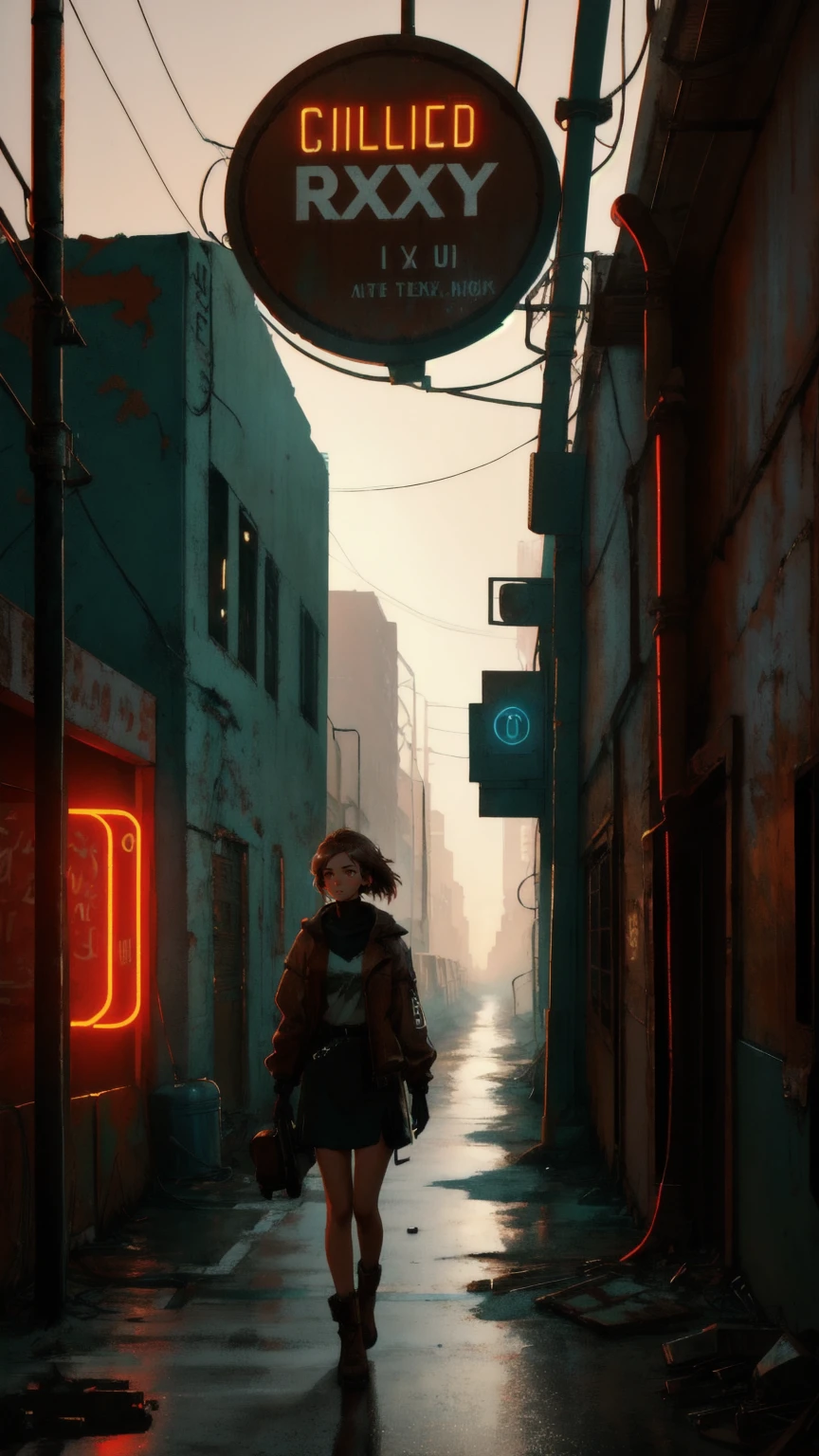 Set in an abandoned industrial area with a brown-toned background, a beautiful, cute girl walks through a derelict alleyway. She notices a neon sign flickering with the words 'Permanent Temporary Fix.' The atmosphere is eerie yet intriguing, with crumbling structures, rusted pipes, and a mix of old and futuristic elements blending together.