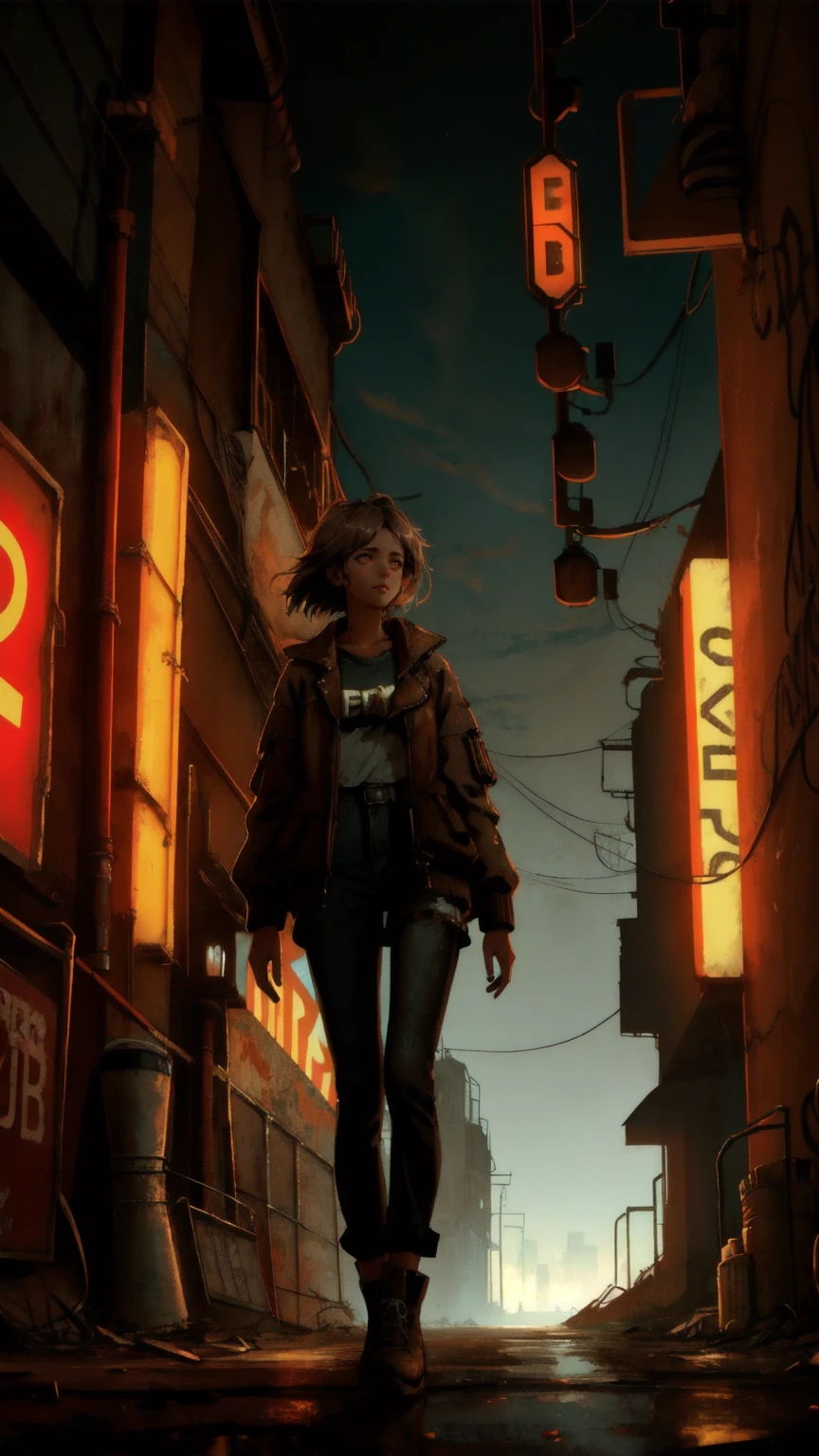 Set in an abandoned industrial area with a brown-toned background, a beautiful, cute girl walks through a derelict alleyway. She notices a neon sign flickering with the words 'Permanent Temporary Fix.' The atmosphere is eerie yet intriguing, with crumbling structures, rusted pipes, and a mix of old and futuristic elements blending together.