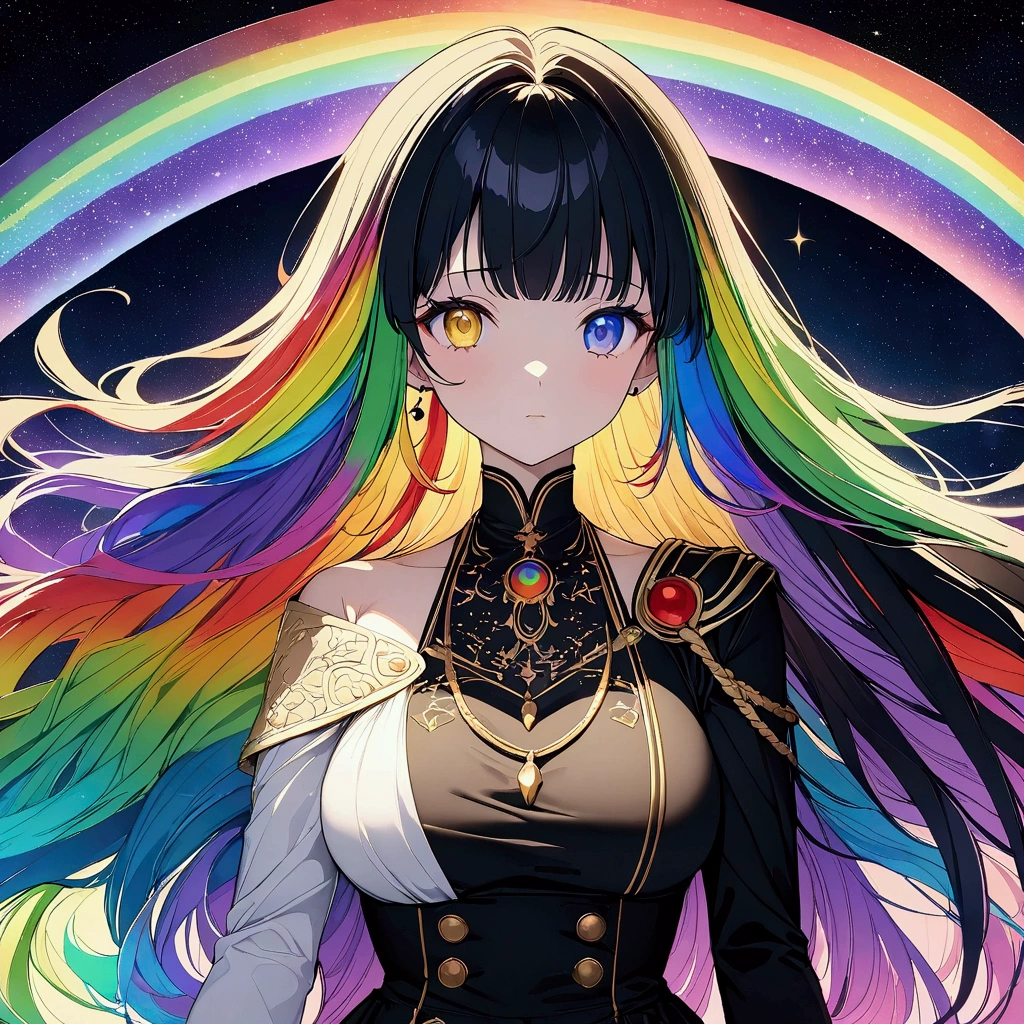 (((anime))) One Woman,Gal,Long Hair,(Rainbow Hair),Bangs parted in the center,blackのヘッドフォン,necklace,Look here,Heterochromia iridis,blue eyes,(Yellow Eyes),Big Eyes One Shoulder Dress,Volume sleeve,(black),Jade Writings,Green Knight,night,Space Background,End of the Galaxy,Backlight,masterpiece,Highest quality,Exquisite,8k,Absurd,Ultra-fine illustrations,(View your audience)