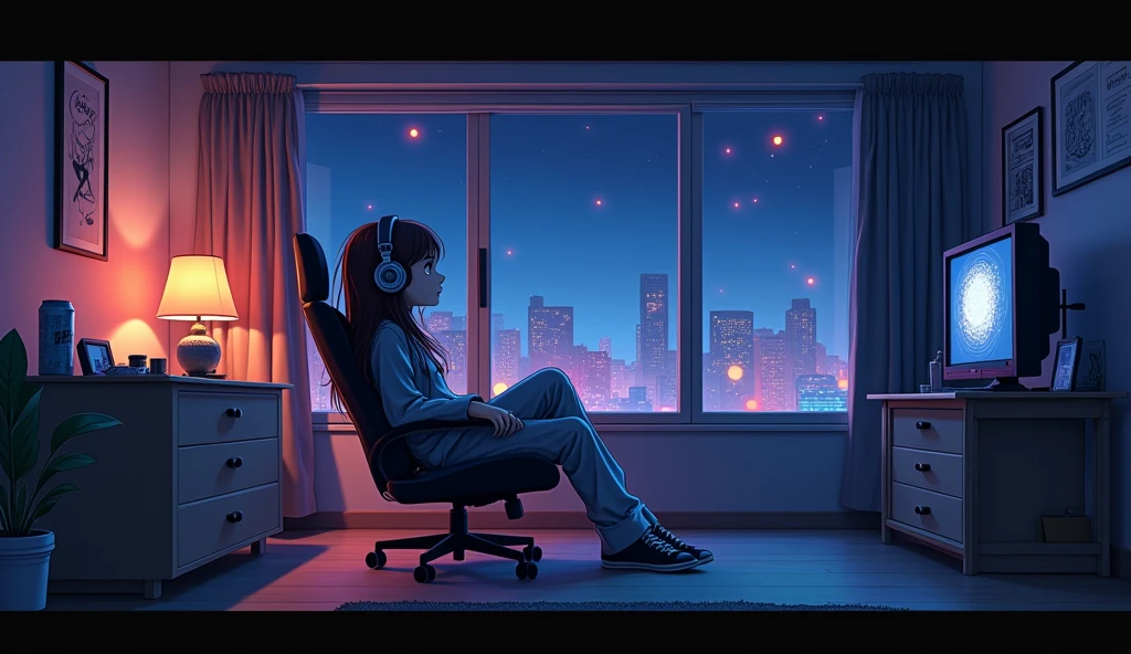 Perfect image, 8k, Sit in a gaming chair、A high school girl playing a rhythm game in her dimly lit room、long hair、 Loungewear、Using headphones, 2D-style animation, Lo-Fi、night、Energy Drinks、Retro、Anime style illustrations、looks fun、City view outside the window