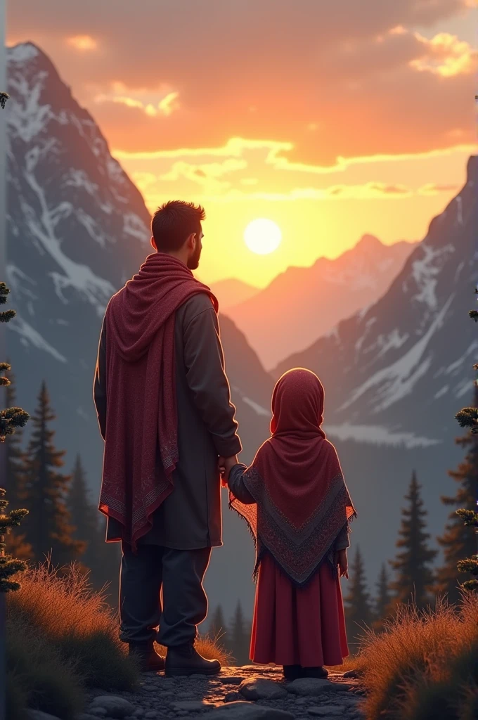 Father and 8 year old daughter wearing hijab, travel to the mountains, watch the sunset