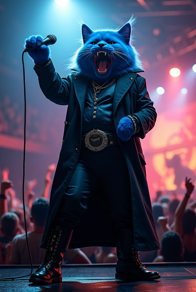 blue cat, on the stage, wearing black coat, pants,blue hair, boots, singing , microphone, rock concert, rock festival, screaming, singing, rockstar,from below, full body