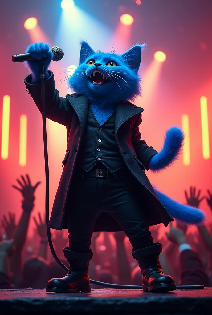 blue cat, on the stage, wearing black coat, pants,blue hair, boots, singing , microphone, rock concert, rock festival, screaming, singing, rockstar,from below, full body