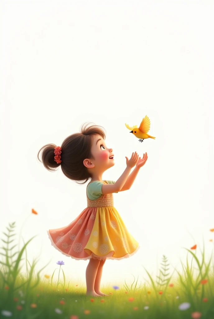 white background,best quality,cute liitle girl standing on grass,she look at the little bird,rais her hands to the little bird,cute little bird flying,cute colorful frock wearing the girl,smiling face