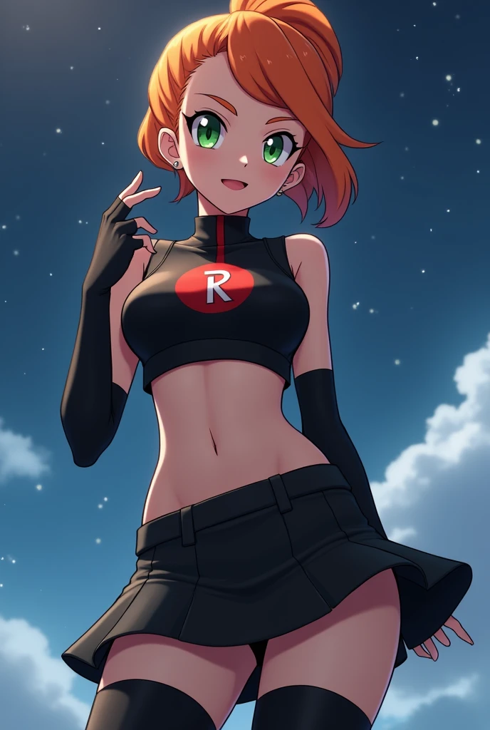 High resolution,8K, Detailed anatomy
(Misty_Pokemon)(18-year-old girl)
(,Orange Hair,one side up hair,Big green eyes,Small breasts,Skinny, girl attractive, cute smile)
(,Belly button exposed) team rocket uniform, red letter R, black skirt, black crop top,black thigh-highs,black elbow gloves, looking down on viewer, cowboy shot, posing, night sky background