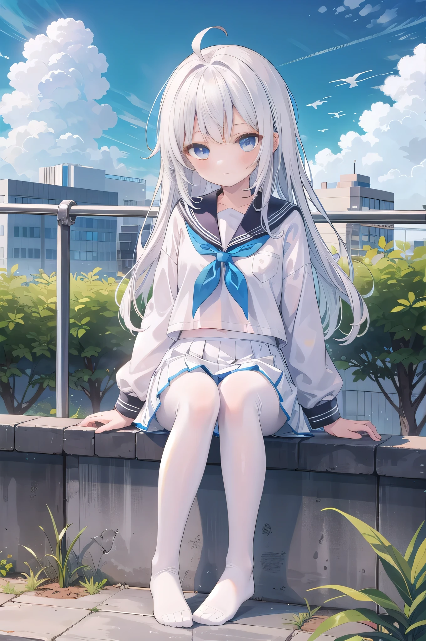 ((masterpiece, best quality)),a girl, solo, skirt, sky, sitting, pantyhose, serafuku, cloud,outdoors, neckerchief ,day, bangs, fence, shirt, ahoge, rooftop, long hair, white pantyhose,white hair, white school uniform, white sailor collar,blue eyes, sailor collar, white skirt, white serafuku blue sky,white shirt, looking at viewer, closed mouth,chain-link fence, white skirt, cloudy sky, pleated,no shoes