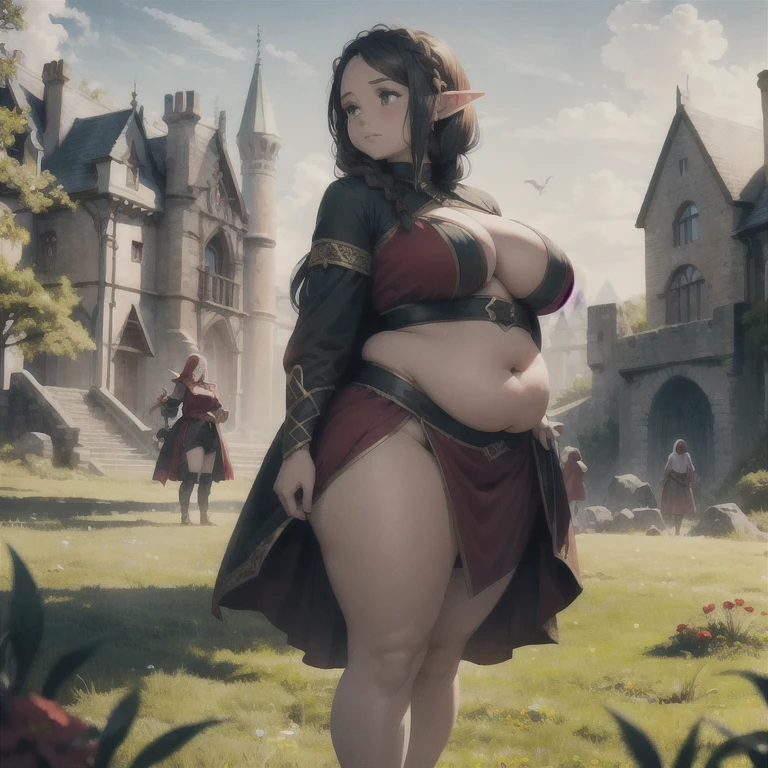 (Best quality), (high resolution), (detailed),1woman, chubby elf girl, clothes, dark fantasy, two braids, shy pose, bloated belly, red dress, standinf infront of elven castle, standing next to elven guards