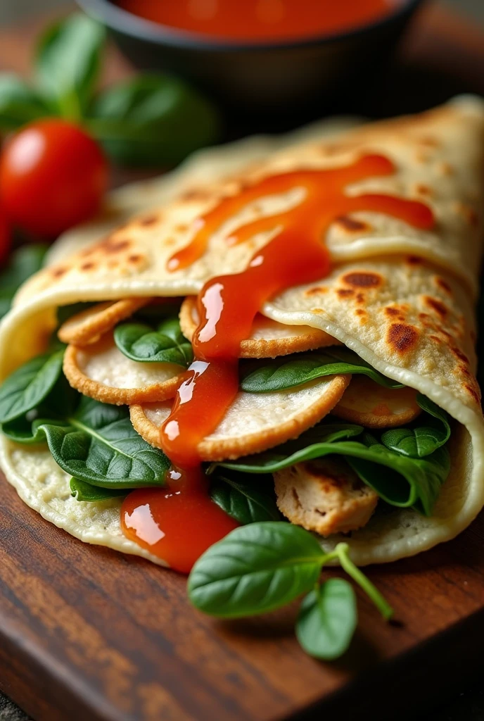 Triangular chicken crepe with spinach and lively chipotle chili sauce