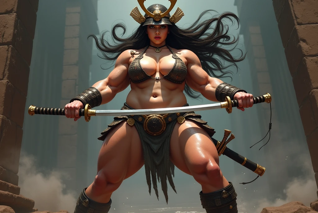 Woman samurai with naked big breast, heavy muscle, naked big bosom, pink nipples, with  katana, more muscle, much muscular, wider shoulder, make her wet, heavy muscle arms, wearing samurai helmets, with full armor, hole body 
