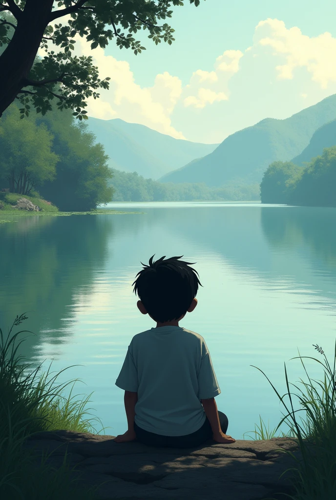 The alone boy sitting at the lake with frustrated about his life doubt in his mind he will be successful or not
