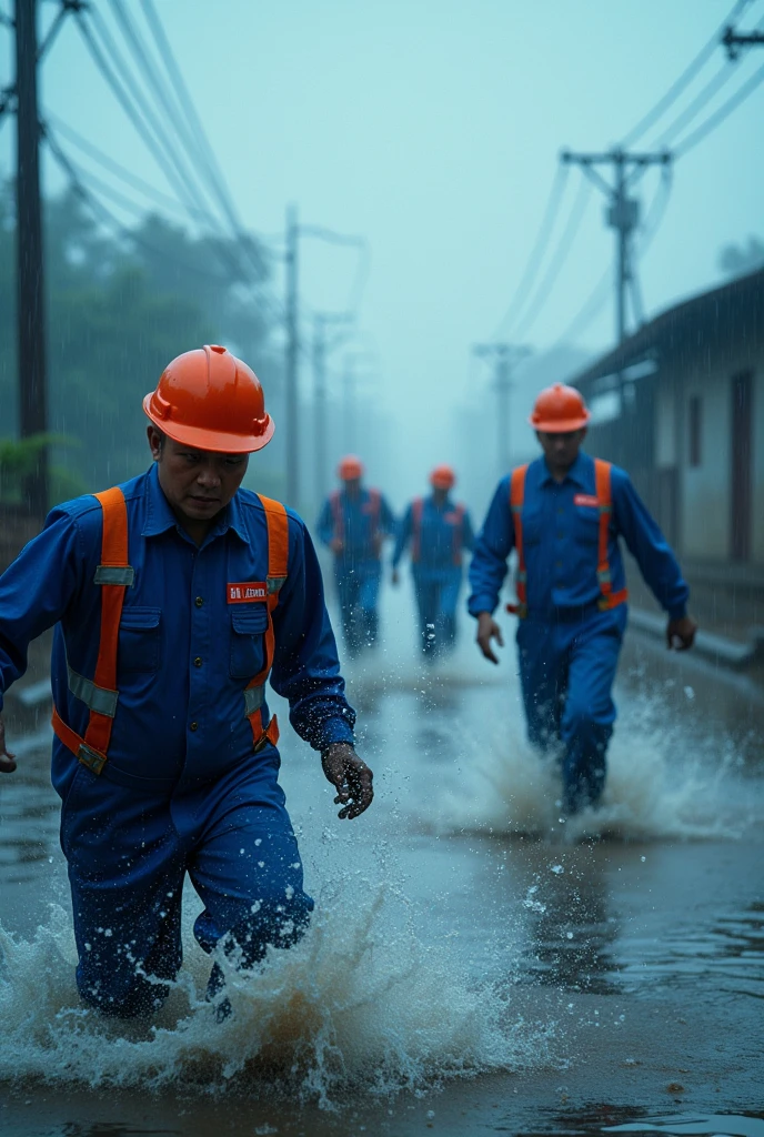 Running in the flood,Neat queue,Power grid repair,Wide-angle lens,Rural China,rainstorm,hurricane,Chaotic scenes,Blue overalls with orange embellishment,helmet,Capturing facial expressions,Flood fighting,Strong composition,City flooding,Challenge nature,China Unicom staff,Magnificent picture,Ruthless Wind,Heavy rain,Tense atmosphere,Motion capture,High contrast,Side Light,Fast shutter speed,Chaos and Order,Blue tint,Splashing water,Strength and unity。