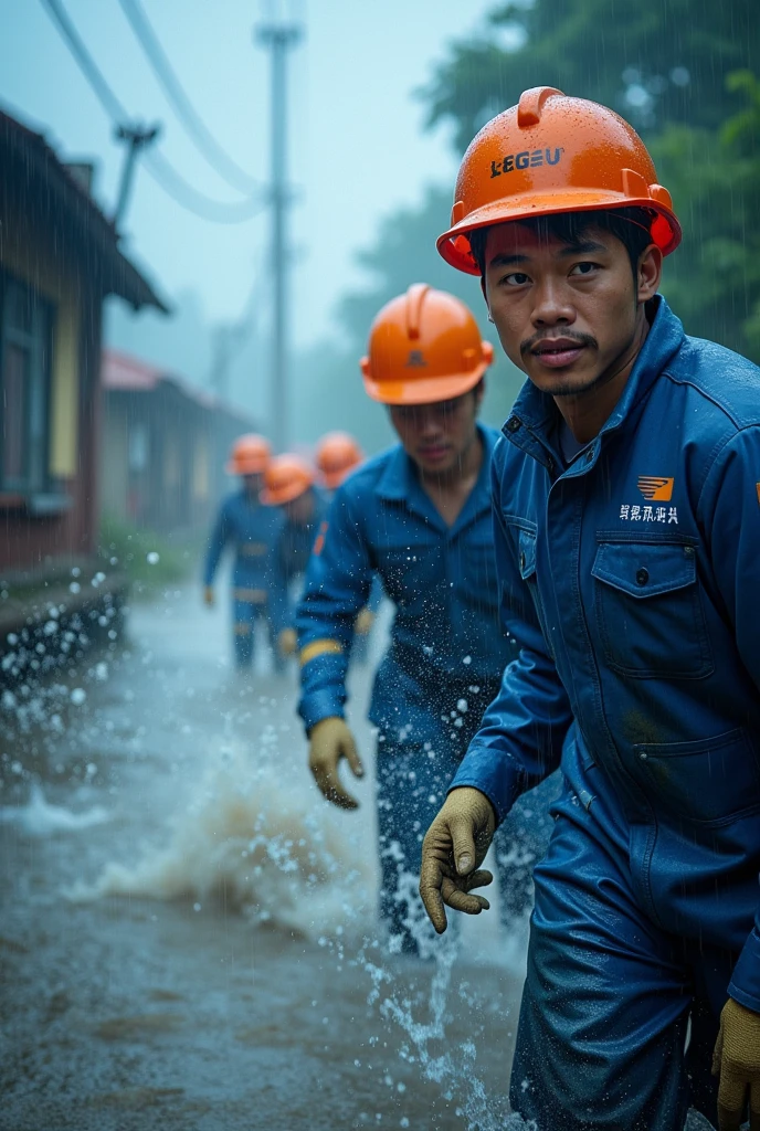 Running in the flood,Neat queue,Power grid repair,Wide-angle lens,Rural China,rainstorm,hurricane,Chaotic scenes,Blue overalls with orange embellishment,helmet,Capturing facial expressions,Flood fighting,Strong composition,City flooding,Challenge nature,China Unicom staff,Magnificent picture,Ruthless Wind,Heavy rain,Tense atmosphere,Motion capture,High contrast,Side Light,Fast shutter speed,Chaos and Order,Blue tint,Splashing water,Strength and unity。