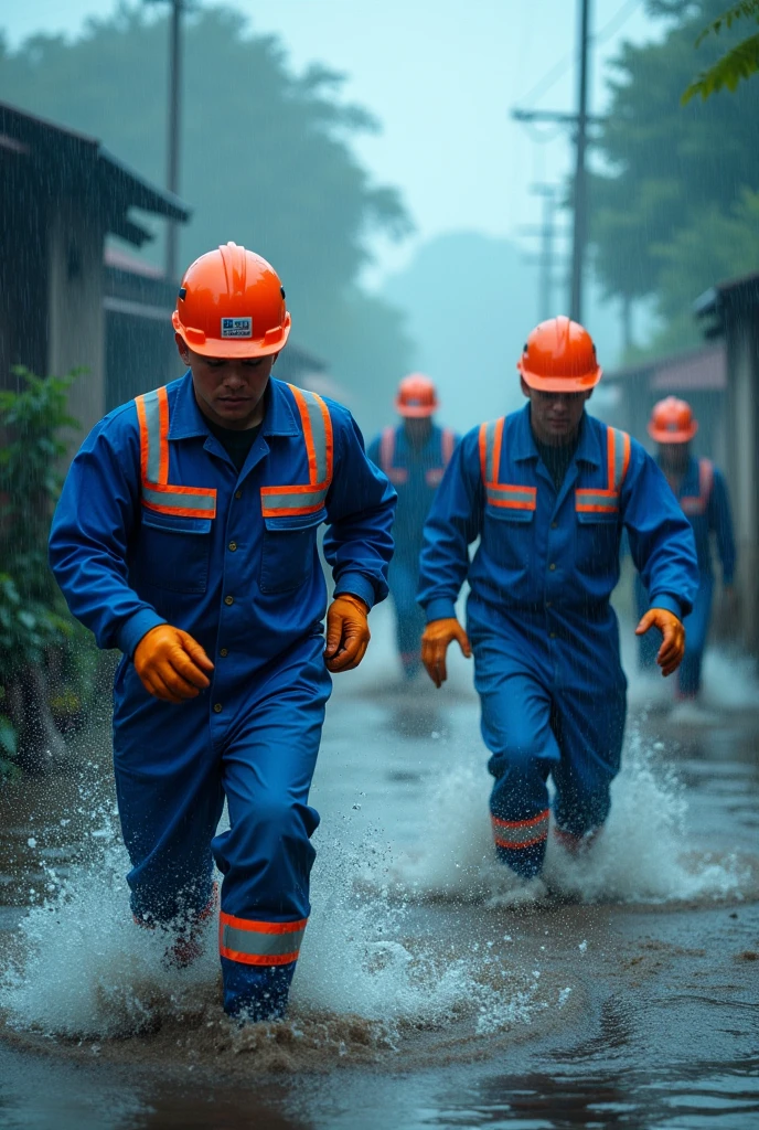 Running in the flood，Neat queue，Power grid repair，Wide-angle lens，Rural China，rainstorm，hurricane，Chaotic scenes，Blue overalls with orange embellishment，helmet，Capturing facial expressions，Flood fighting，Strong composition，City flooding，Challenge nature，China Unicom staff，Magnificent picture，Ruthless Wind，Heavy rain，Tense atmosphere，Motion capture，High contrast，Side Light，Fast shutter speed，Chaos and Order，Blue tint，Splashing water，Strength and unity。