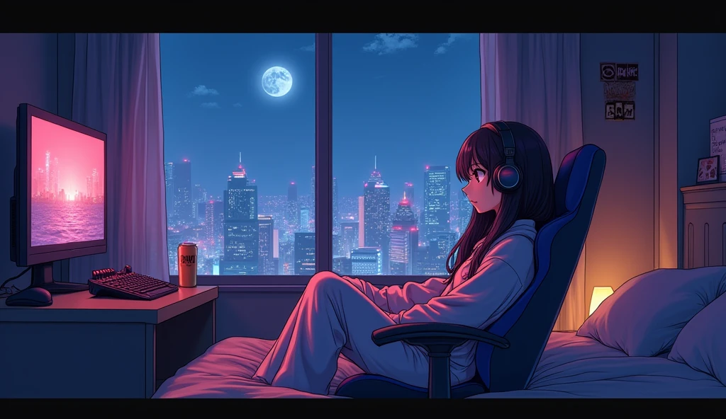 Perfect image, 8k, Sit in a gaming chair、A high school girl playing a rhythm game in her dimly lit room、cute、long hair、 Loungewear、Using headphones, 2D-style animation, Lo-Fi、night、Energy Drinks、Retro、Anime style illustrations、looks fun、City view outside the window