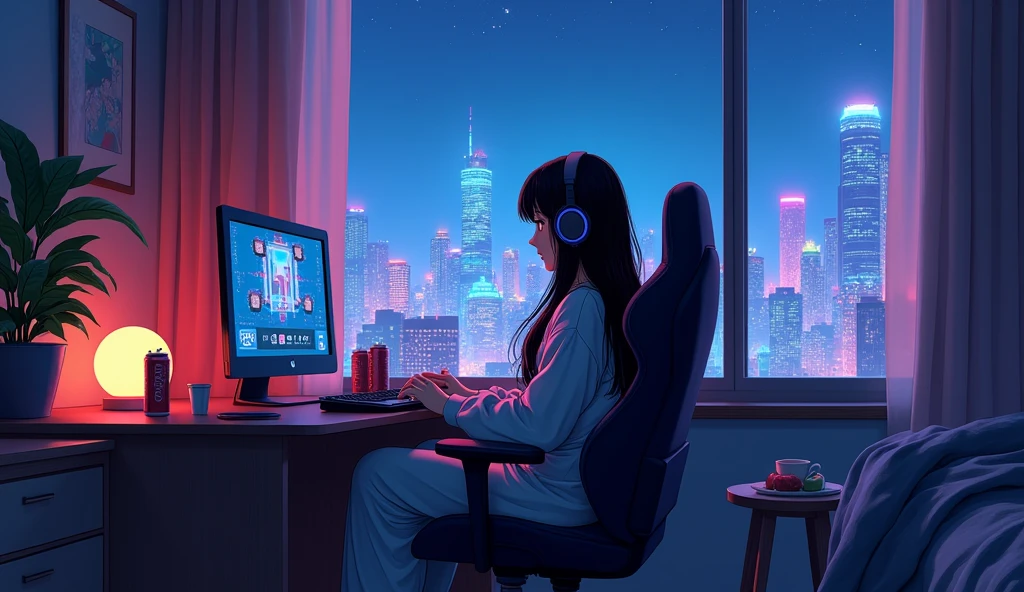 Perfect image, 8k, Sit in a gaming chair、A high school girl playing a rhythm game in her dimly lit room、cute、long hair、 Loungewear、Using headphones, 2D-style animation, Lo-Fi、night、Energy Drinks、Retro、Anime style illustrations、looks fun、City view outside the window