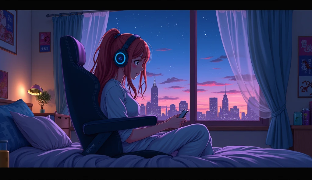 Perfect image, 8k, Sit in a gaming chair、A high school girl playing a rhythm game in her dimly lit room、cute、long hair、 Loungewear、Using headphones, 2D-style animation, Lo-Fi、night、Energy Drinks、Retro、Anime style illustrations、looks fun、City view outside the window