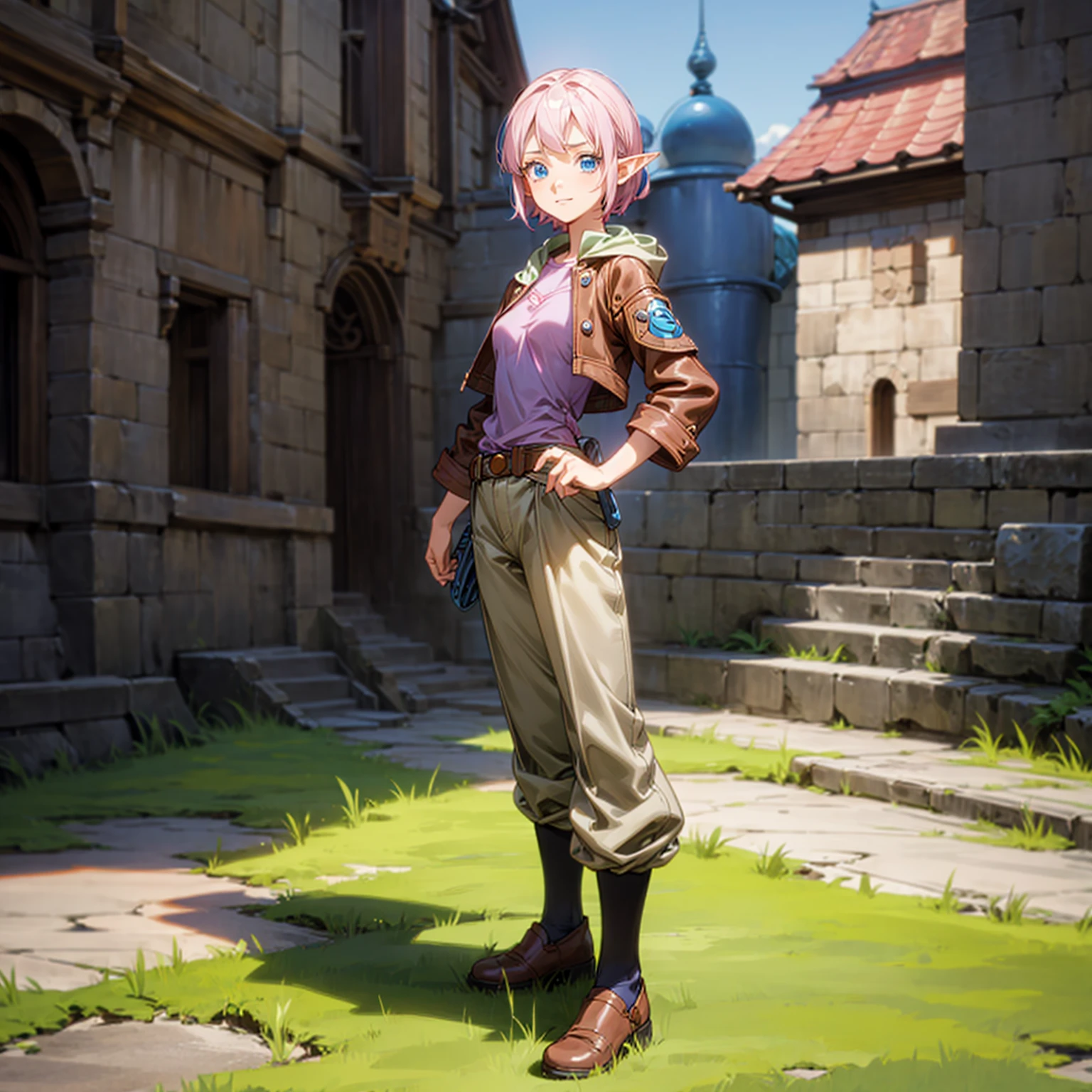 Solo character, full body version, young girl, medium breast, (elf), blue eyes, pink color hair, short hair, blue shirt clothing, brown leather jacket, brown pants, shoes, outdoor, town, medieval, standing gesture, detailed background, detailed clothing, detailed hair, (one piece style art, Doraemon style art), happy 