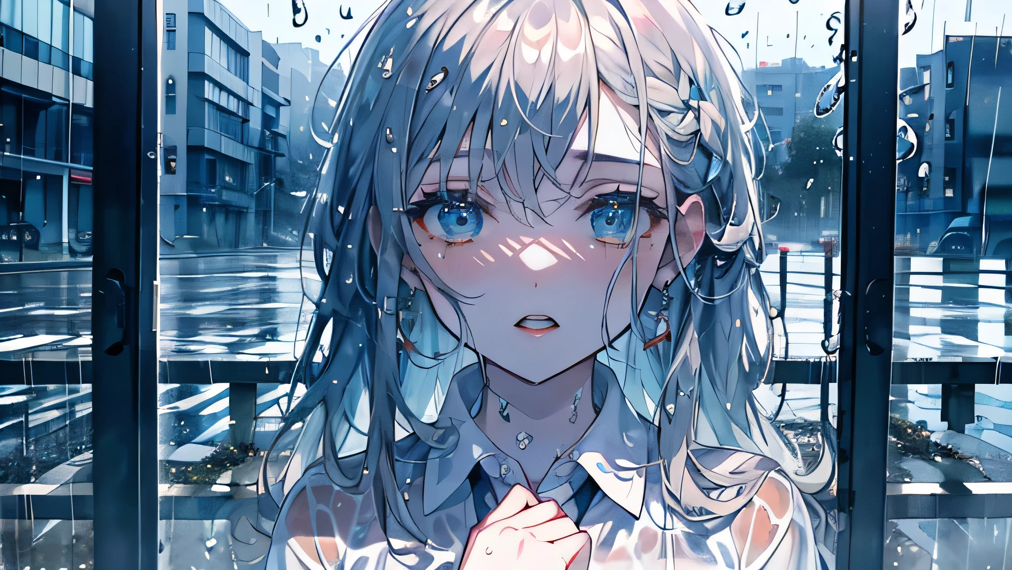 masutepiece, Best Quality,Illustration, Wallpaper, Ultra Detail, absurderes, 1girl in, Solo, (Medium short hair、short braided hair), Beautiful detailed eyes, rainfall、water dripping、wetting hair , (Street:1.3), Cloudy sky、Laughing、kirakira
