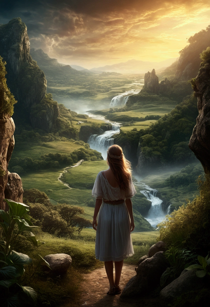 Mystical landscape with a beautiful young woman, photorealistic style
