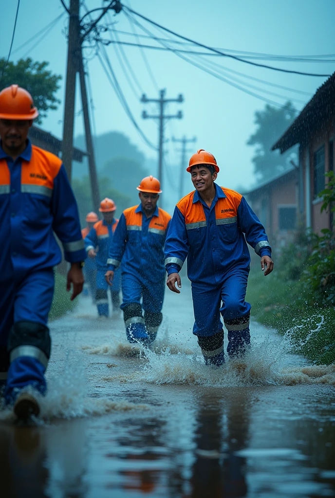 Running in the flood,Neat queue,Power grid repair,Wide-angle lens,Rural China,rainstorm,hurricane,Chaotic scenes,Blue overalls with orange embellishment,helmet,Capturing facial expressions,Flood fighting,Strong composition,City flooding,Challenge nature,China Unicom staff,Magnificent picture,Ruthless Wind,Heavy rain,Tense atmosphere,Motion capture,High contrast,Side Light,Fast shutter speed,Chaos and Order,Blue tint,Splashing water,Strength and unity。