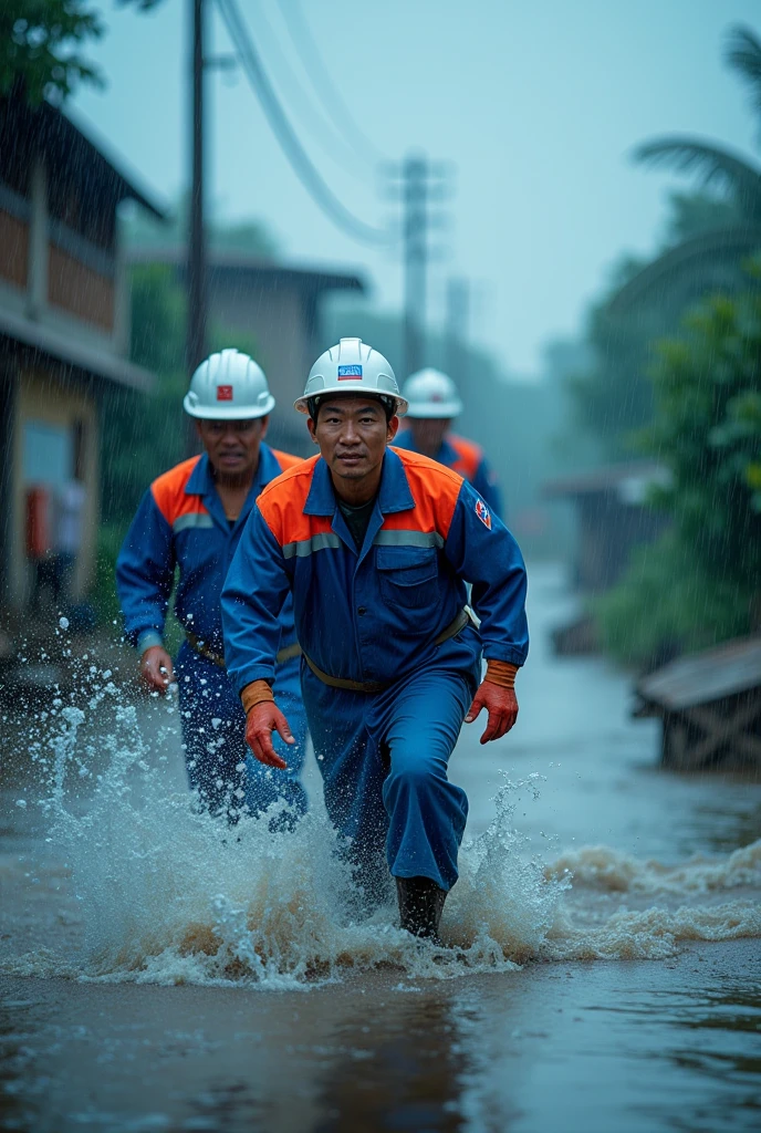 Running in the flood,Neat queue,Power grid repair,Wide-angle lens,Rural China,rainstorm,hurricane,Chaotic scenes,Blue overalls with orange embellishment,helmet,Capturing facial expressions,Flood fighting,Strong composition,City flooding,Challenge nature,China Unicom staff,Magnificent picture,Ruthless Wind,Heavy rain,Tense atmosphere,Motion capture,High contrast,Side Light,Fast shutter speed,Chaos and Order,Blue tint,Splashing water,Strength and unity。