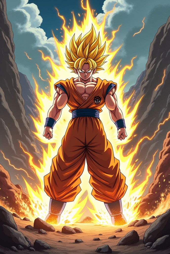 Create an action-packed illustration inspired by Dragon Ball Z, featuring a powerful Saiyan character in the midst of an intense battle. The character should be surrounded by a glowing aura of energy, with their hair spiked up in Super Saiyan form, and their muscles tensed as they prepare to unleash a devastating attack. The background should depict a dramatic, rocky landscape with craters and debris flying from the force of their power. Incorporate dynamic FX elements like crackling lightning, energy blasts, and shockwaves to capture the iconic style and intensity of Dragon Ball Z. The scene should be vibrant, with bold colors and exaggerated expressions, staying true to the anime's distinct, high-energy aesthetic