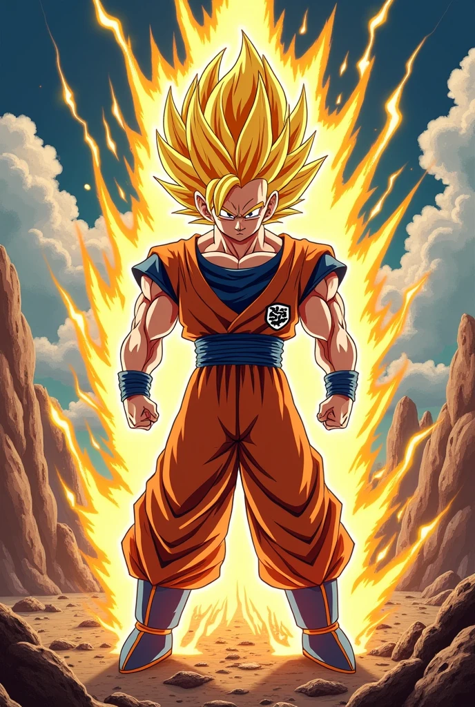 Create an action-packed illustration inspired by Dragon Ball Z, featuring a powerful Saiyan character in the midst of an intense battle. The character should be surrounded by a glowing aura of energy, with their hair spiked up in Super Saiyan form, and their muscles tensed as they prepare to unleash a devastating attack. The background should depict a dramatic, rocky landscape with craters and debris flying from the force of their power. Incorporate dynamic FX elements like crackling lightning, energy blasts, and shockwaves to capture the iconic style and intensity of Dragon Ball Z. The scene should be vibrant, with bold colors and exaggerated expressions, staying true to the anime's distinct, high-energy aesthetic