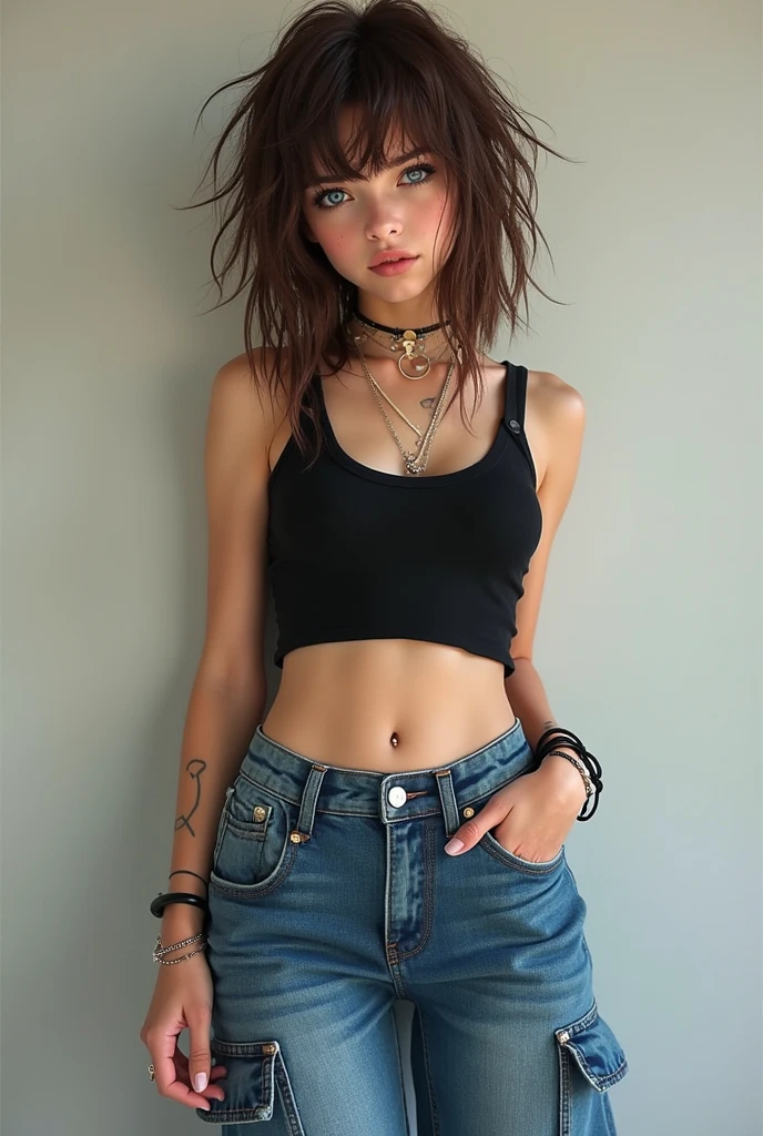 A girl with brown hair and messy bangs in black tank top crop top and blue cargo jeans and black converse with bright blue eyes and a septum piercing and a belly button piercing