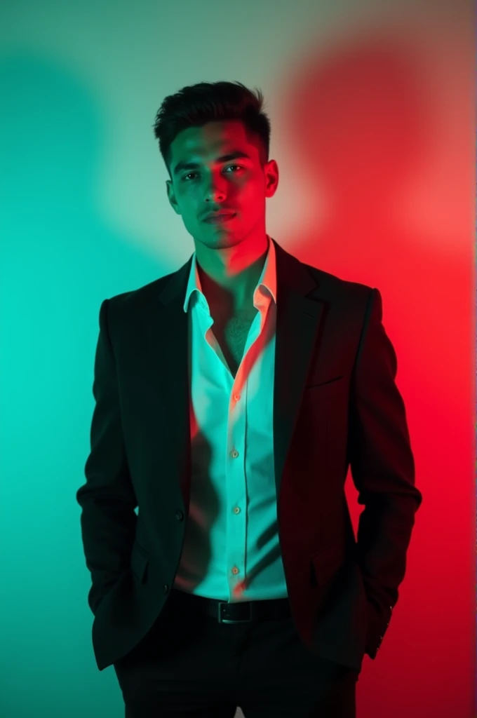 :A young Man With Dark hair and a confident smile He is Dressed in a black blazer over a white shirt The man is positioned against aqua colour backdrop with a subtle red lighting on t