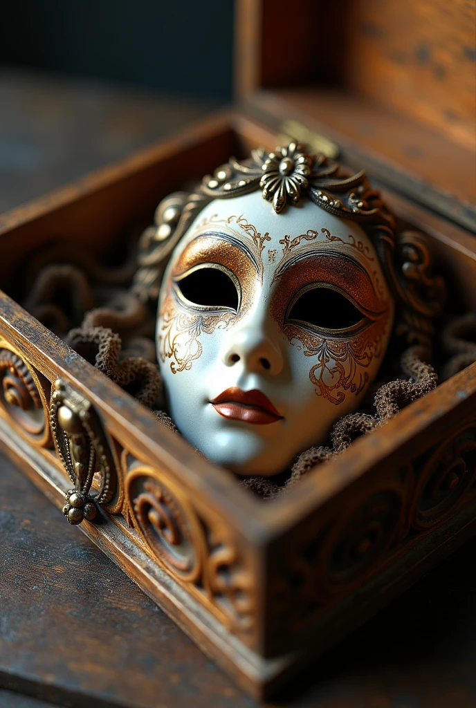 A captivating close-up photograph of a Venetian Carnival mask. The mask is intricately carved and has an elegant expression. It is delicately placed within an antique wooden box that features intricate carvings and a worn, natural appearance. The lighting in the photograph highlights the details of the mask, while the weathered wooden box adds a sense of historical and cultural significance to the scene.