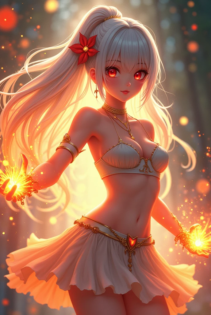 Fairy tail anime girl ,orange light magic, red ish eyes, long dark white silver hair, crop shirt , very strong magic user , no abs, add skirt cute outfit 



