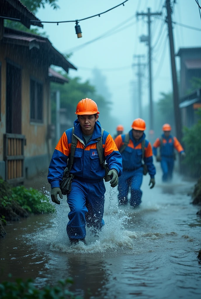 Running in the flood，Neat queue，Power grid repair，Wide-angle lens，Rural China，rainstorm，hurricane，Chaotic scenes，Blue overalls with orange embellishment，helmet，Capturing facial expressions，Flood fighting，Strong composition，City flooding，Challenge nature，China Unicom staff，Magnificent picture，Ruthless Wind，Heavy rain，Tense atmosphere，Motion capture，High contrast，Side Light，Fast shutter speed，Chaos and Order，Blue tint，Splashing water，Strength and unity。