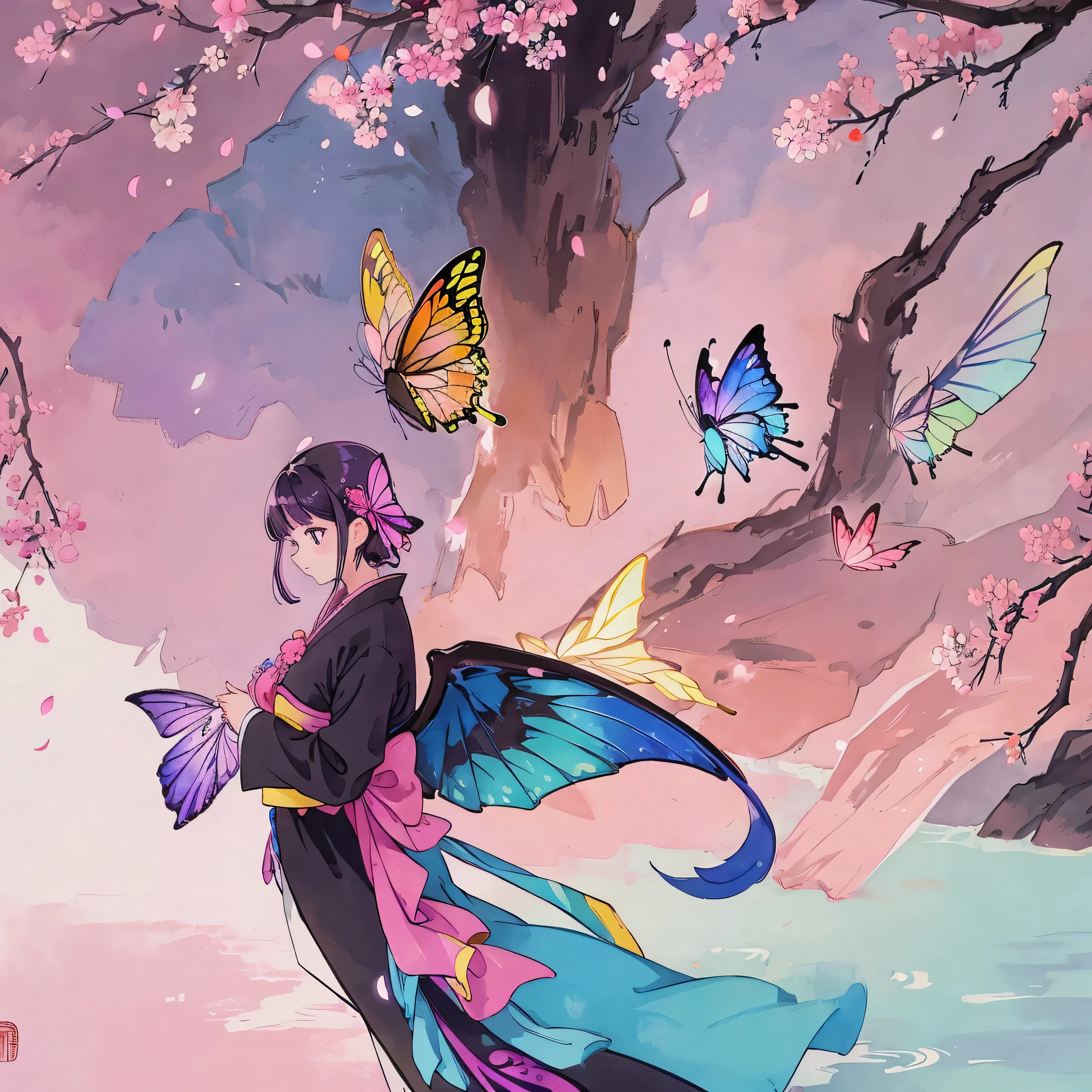a symmetrical illustration of a silhouette standing under a cherry blossom tree with large pink butterfly wings in the style of anime tarot card art in the style of colorful, colorful sparkles flying everywhere, a magical, dreamy glow effect, glowing lights, vibrant colors of pink, black, yellow, white, purple, red, orange, and blue. --ar 3:4 --niji 6