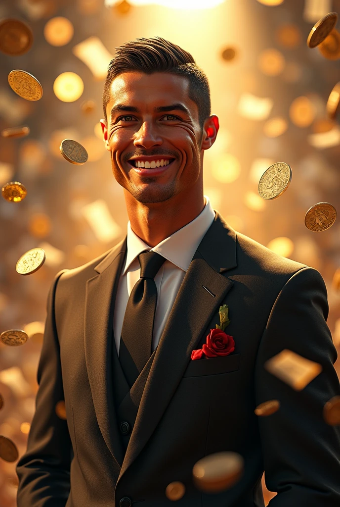 Christiano Ronaldo in rich suit smiling and lots of money in back ground In a bright light