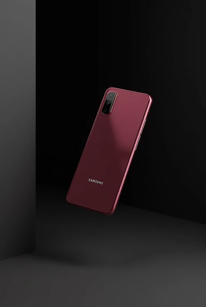 Samsung s24  maroon color phone with back side 3 column camera only hang in air in simple black hall with some sun shine 3d model 
