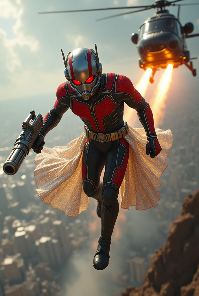 Ant man with diamond dress having machine gun like and jumping from helicopter