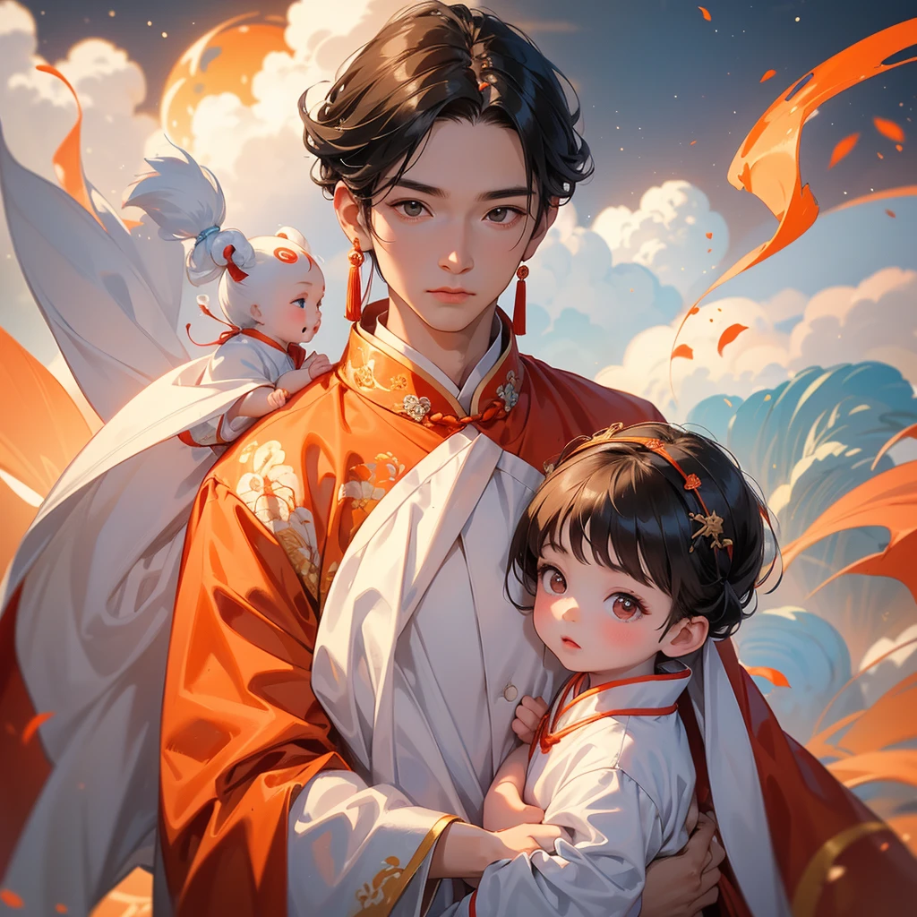 A one-year-old baby boy in an ancient Chinese baby costume with his beautiful mother, dressed in an white ancient Chinese costume, There are some floating clouds, playing with each other, with his handsome father standing next to his mother, close up.
Background is a volcano, lava erupting orange-red