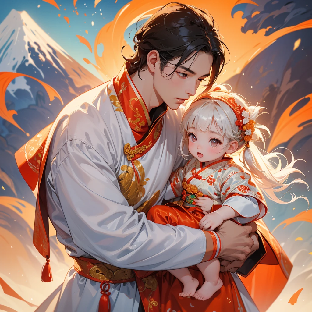 A one-year-old baby boy in an ancient Chinese baby costume with his beautiful mother, dressed in an white ancient Chinese costume, There are some floating clouds, playing with each other, with his handsome father standing next to his mother, close up.
Background is a volcano, lava erupting orange-red