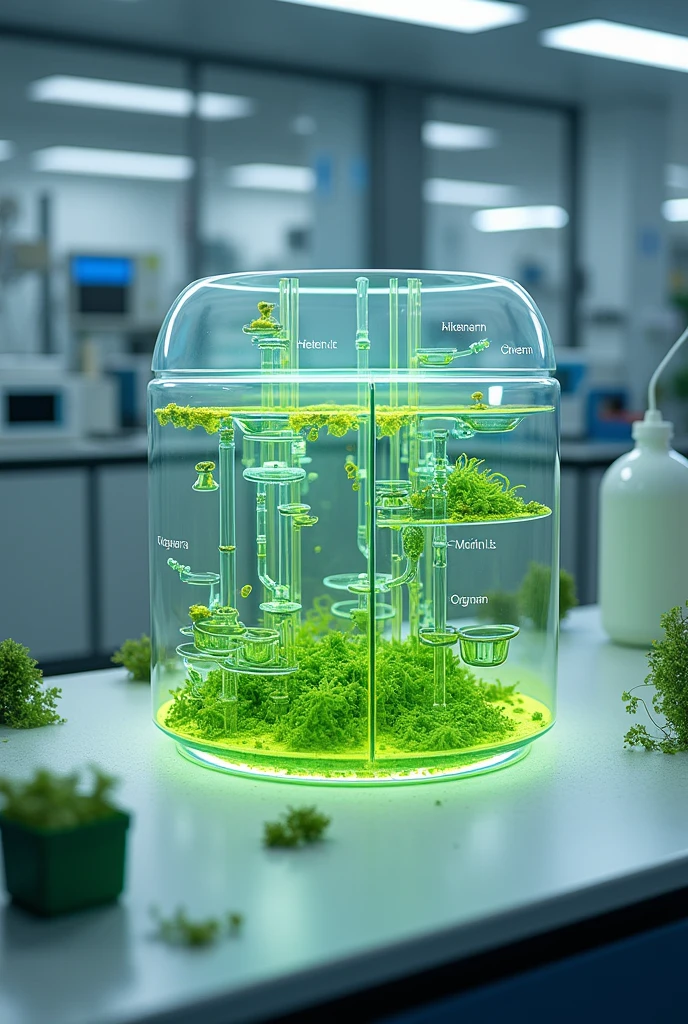 create an image of a model for this experiment research topic” The Efficacy of Algae’s Photosynthetic Ability to Produce Electricity by an Examination of Bioconversion Efficiency”