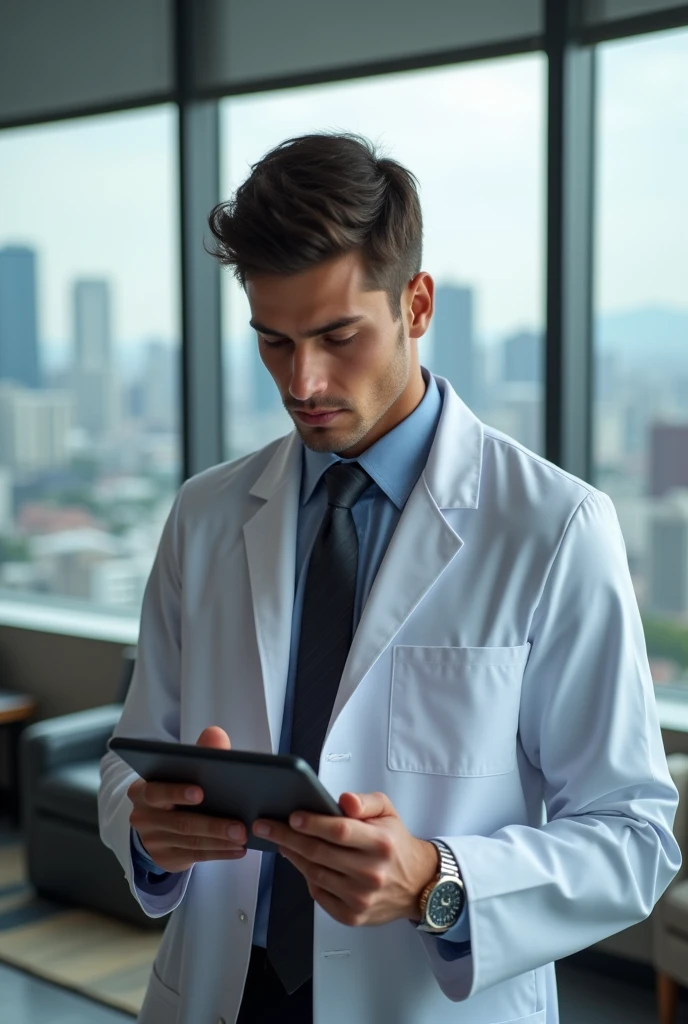 rich young doctor looking at the stock market. dress like a doctor