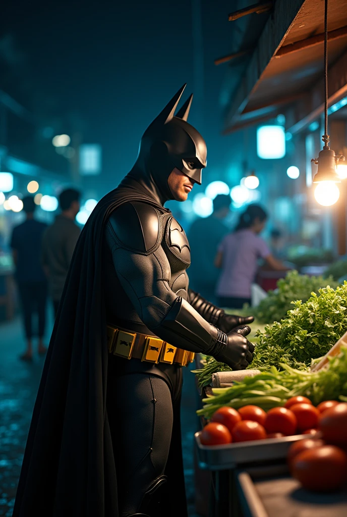 Batman works in a traditional Indonesian market at night, standing behind a stall filled with fresh vegetables. He looks dashing in his iconic costume, his cape flowing slightly as he enthusiastically engages with customers, selling his produce. The market is bustling with activity, illuminated by cinematic lighting that casts deep blue and grey shadows, adding a moody atmosphere. The scene is captured with high realism and detail, showcasing the intricate textures of both Batman's suit and the market environment. The image is rendered in ultra-high-definition, 16k resolution, highlighting every aspect with sharp clarity and depth.