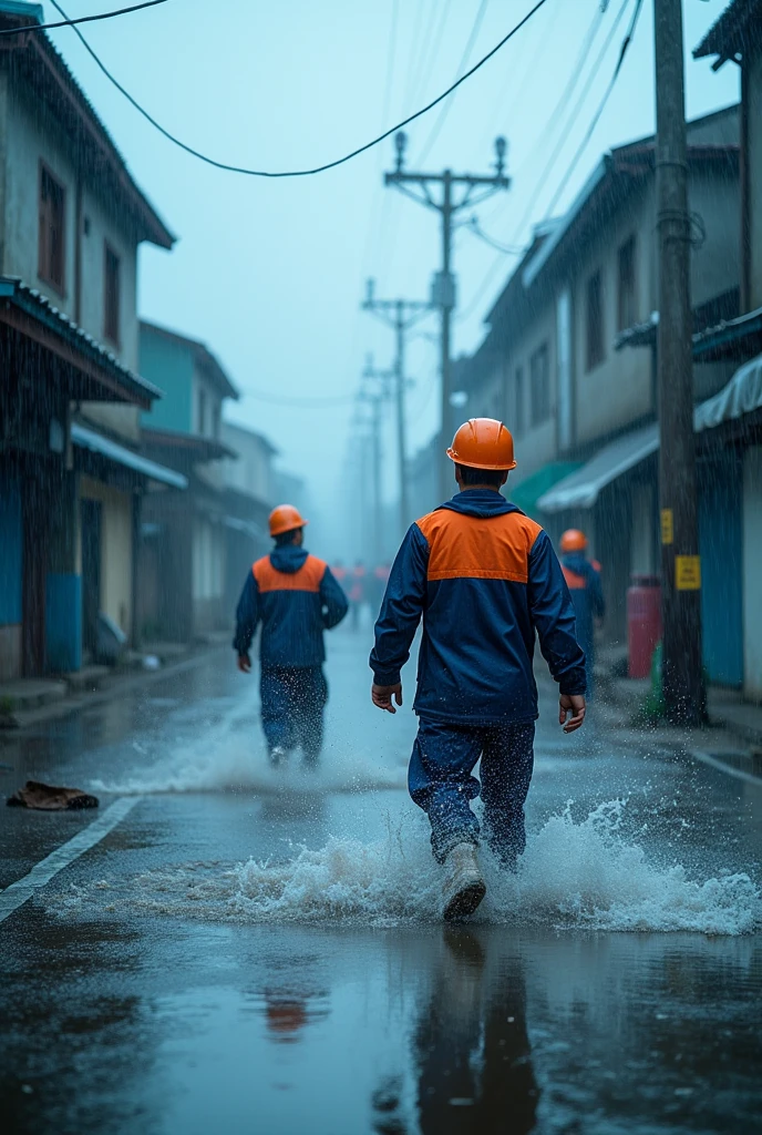 Running in the flood,Maintaining the power grid,Neat queue,Power grid repair,Wide-angle lens,Rural China,rainstorm,hurricane,Chaotic scenes,Blue overalls with orange embellishment,helmet,Capturing facial expressions,Flood fighting,Strong composition,City flooding,Challenge nature,China Unicom staff,Magnificent picture,Ruthless Wind,Heavy rain,Tense atmosphere,Motion capture,High contrast,Side Light,Fast shutter speed,Chaos and Order,Blue tint,Splashing water,Strength and unity。