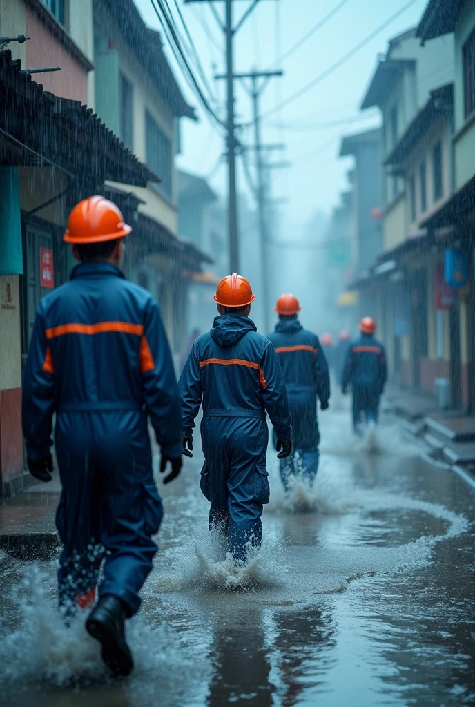 Running in the flood,Maintaining the power grid,Neat queue,Power grid repair,Wide-angle lens,Rural China,rainstorm,hurricane,Chaotic scenes,Blue overalls with orange embellishment,helmet,Capturing facial expressions,Flood fighting,Strong composition,City flooding,Challenge nature,China Unicom staff,Magnificent picture,Ruthless Wind,Heavy rain,Tense atmosphere,Motion capture,High contrast,Side Light,Fast shutter speed,Chaos and Order,Blue tint,Splashing water,Strength and unity。