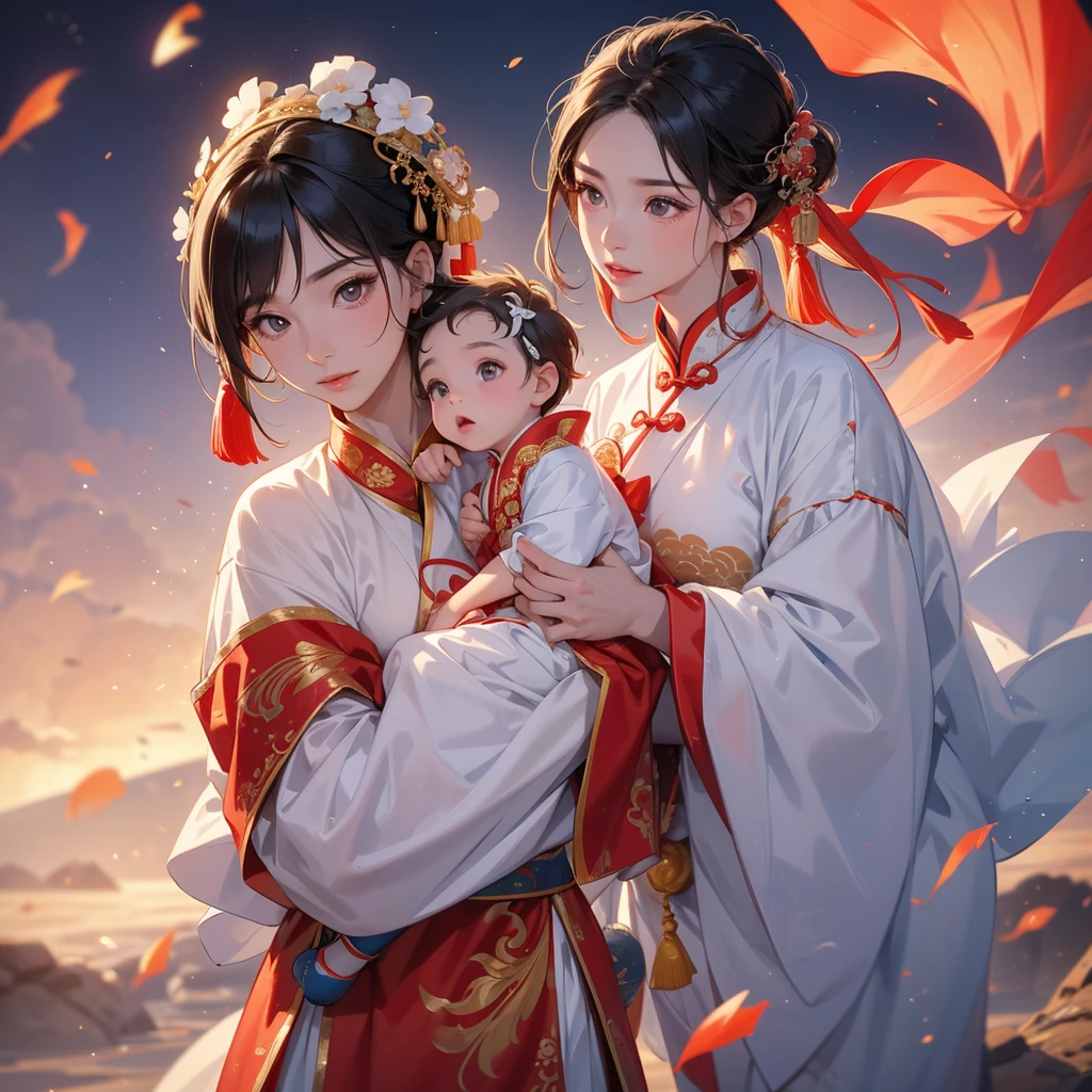 A -yead bab an ancient Chinese baby costume wiis beautiful mother, dressed in an white ancient Chinese costume, There are some floating clouds, playing with each other, with his handsome father standing next to his mother, close up.
Background is a volcano, lava erupting red