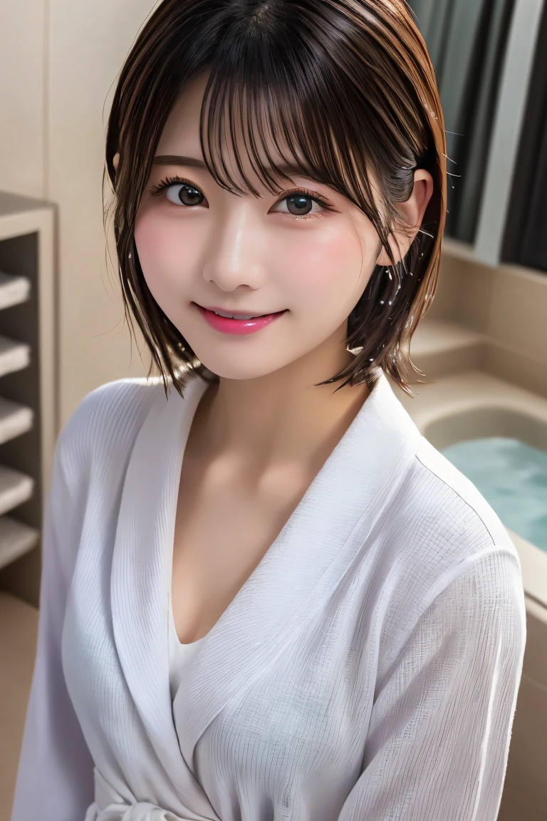 Highest quality, (beautiful)、beautiful女性、、Precision Eyes、Looking into the camera、Straight medium hair、、Hotel room、Bathrobes、Shoot from above、Upper Body、Close-up、smile、I take a shower