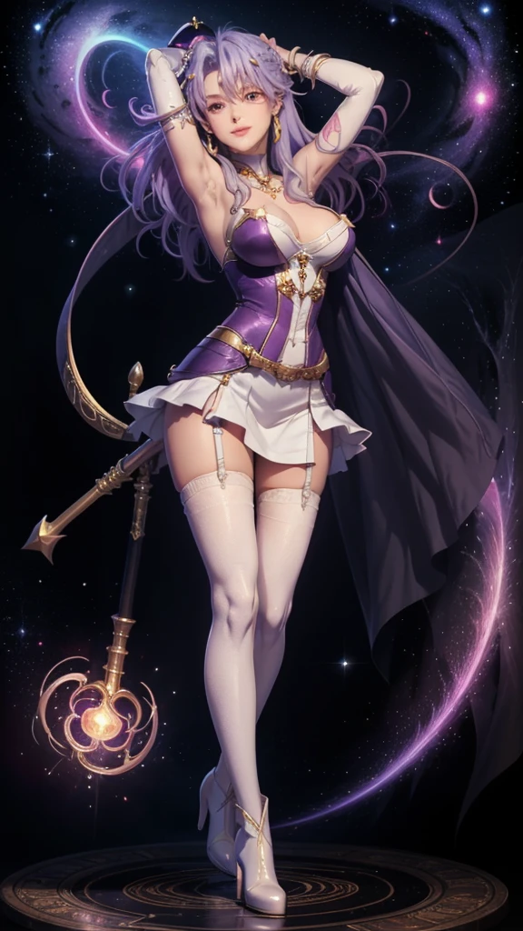 A beautiful mid 20s woman with a slender anime build, light lavender hair in a loose cascade, an inner thigh tattoo, standing in a contrapposto stance with a light smile, wearing a white skirt with lace stockings, high-heeled purple boots, and a heavy bust, holding a magic staff above her head in a spell casting pose with armpits showing, set against a starry void background with pink glowing magic symbol circles and a swirl of energy around her feet, with extremely detailed facial features, hands, eyes, and intricate background details, rendered in 16k resolution with best quality and masterpiece style, under moody lighting