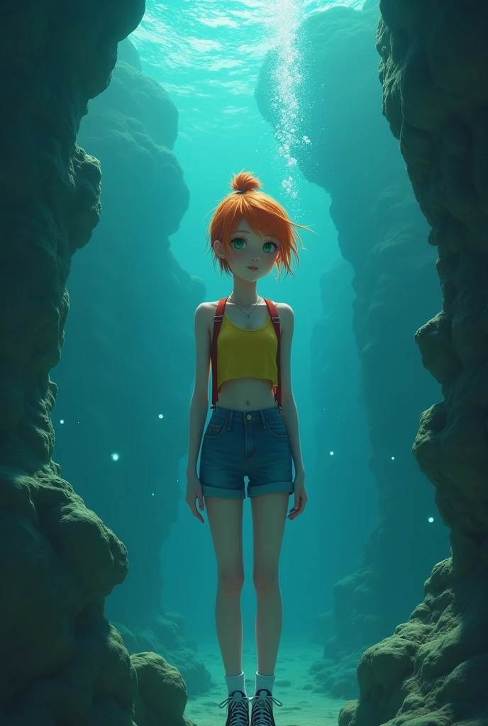Wallpaper,masterpiece,High resolution,8K,Detailed anatomy
(Misty_Pokemon)(1 18-year-old girl)
(Berry Short,Orange Hair,one side up hair,Big green eyes,Small breasts,Skinny)
(Yellow sleeveless T-shirt,Belly button exposed,Denim hot pants,Red suspenders,sneakers)
I can feel the spirit in my eyes. ((Amazingly absurd)), Attention to detail, high quality, A sunken ruin、Girl in the water、Surrounded by bubbles、A world of deep blue、Overall, a work in deep blue tones