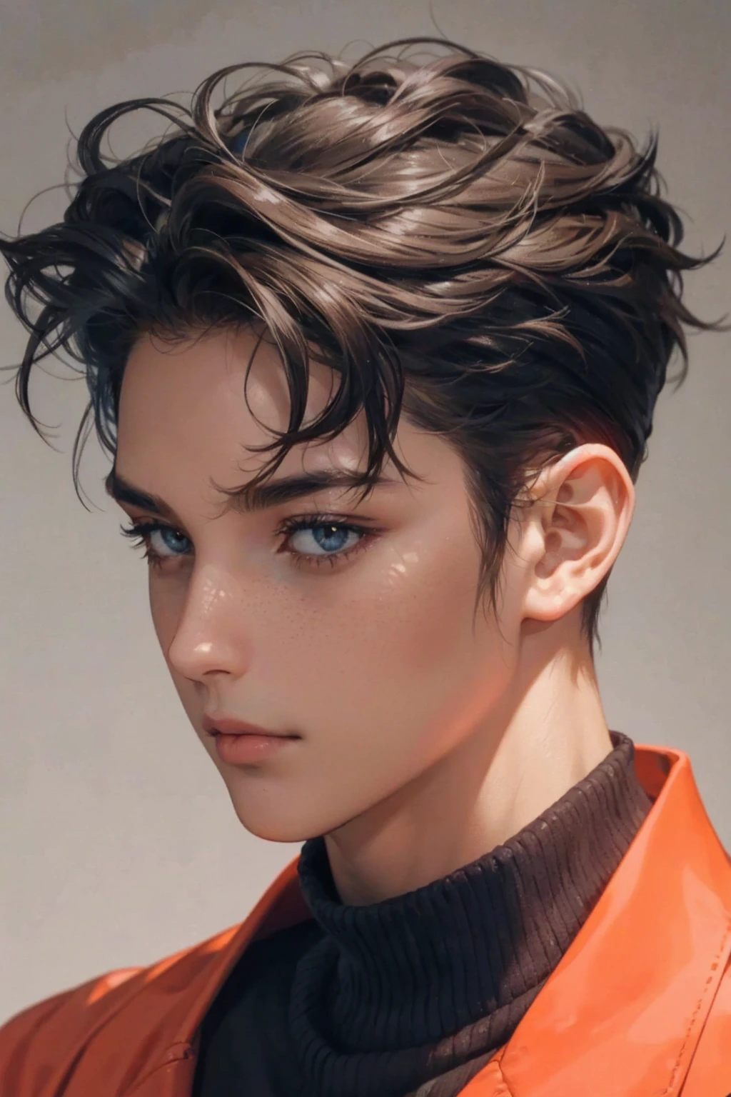 Light brown skin, moon kissed, blue turtle neck, messy hair, brown eyes, no freachles, clear face, stone expression